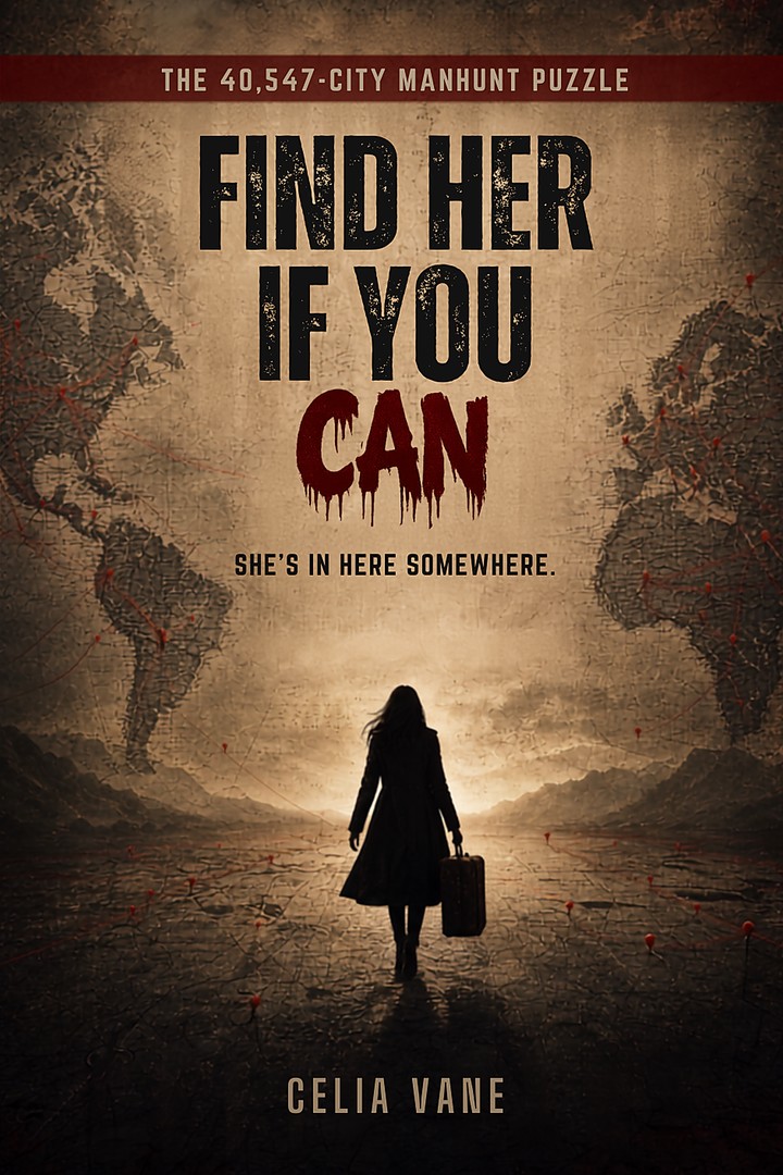 Find Her If You Can — book cover: a fugitive silhouette over an old map, a red pin where the hunt ends.